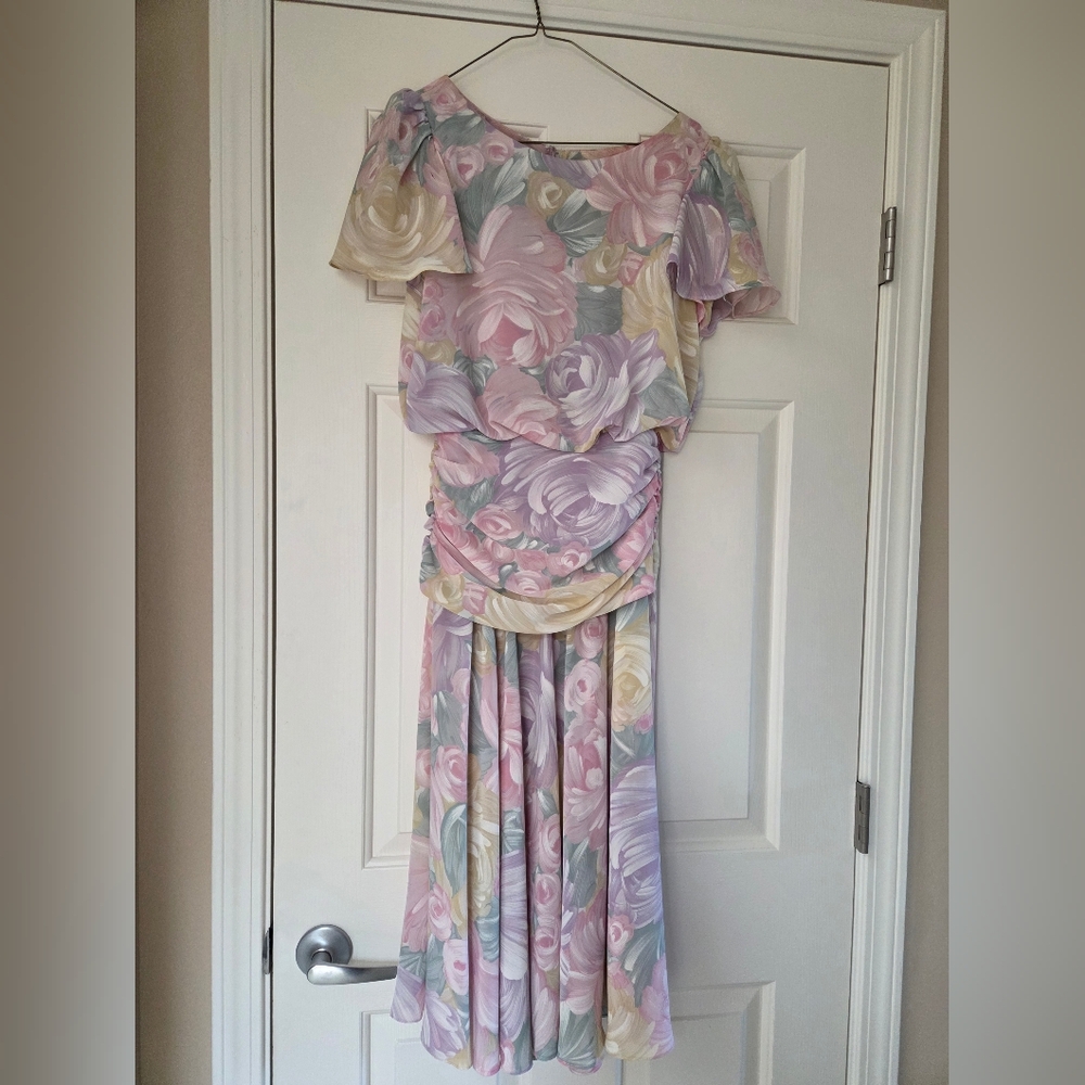 All That Jazz Vintage Floral Midi Dress Pastel Chiffon XS Wedding Guest